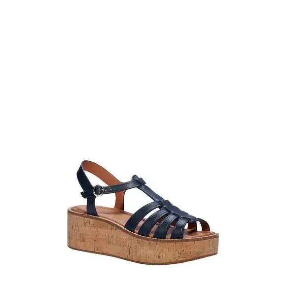 Kate Spade Retro Mabel Navy Leather Platform Wedge Peep Toe Sandals 8.5 - Picture 3 of 11